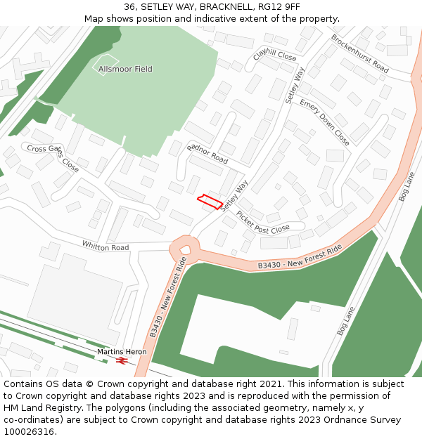 36, SETLEY WAY, BRACKNELL, RG12 9FF: Location map and indicative extent of plot