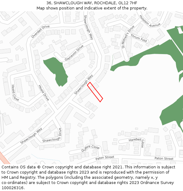 36, SHAWCLOUGH WAY, ROCHDALE, OL12 7HF: Location map and indicative extent of plot