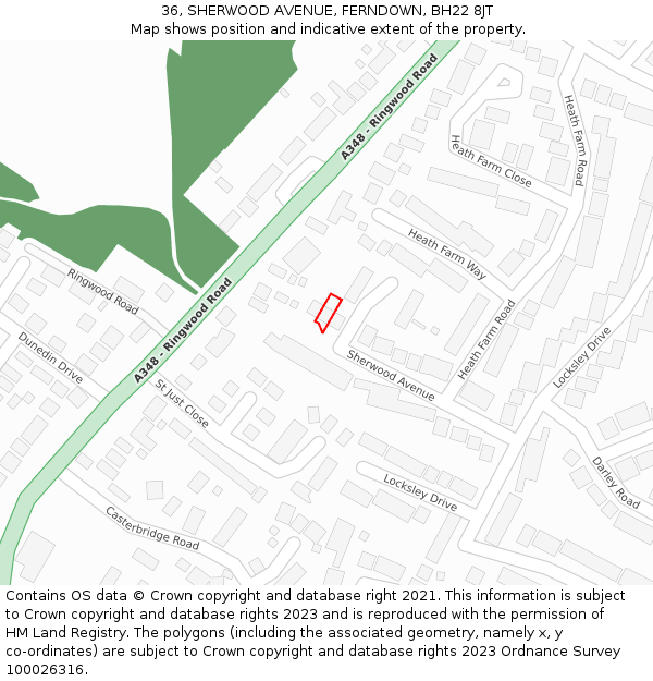 36, SHERWOOD AVENUE, FERNDOWN, BH22 8JT: Location map and indicative extent of plot