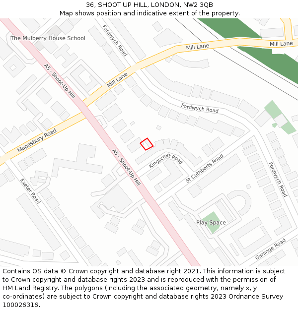 36, SHOOT UP HILL, LONDON, NW2 3QB: Location map and indicative extent of plot