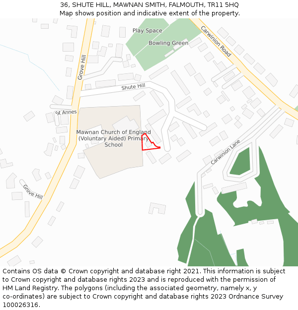 36, SHUTE HILL, MAWNAN SMITH, FALMOUTH, TR11 5HQ: Location map and indicative extent of plot