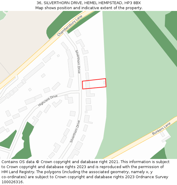 36, SILVERTHORN DRIVE, HEMEL HEMPSTEAD, HP3 8BX: Location map and indicative extent of plot