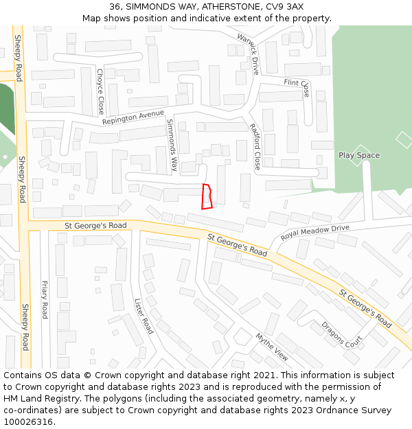 36, SIMMONDS WAY, ATHERSTONE, CV9 3AX: Location map and indicative extent of plot