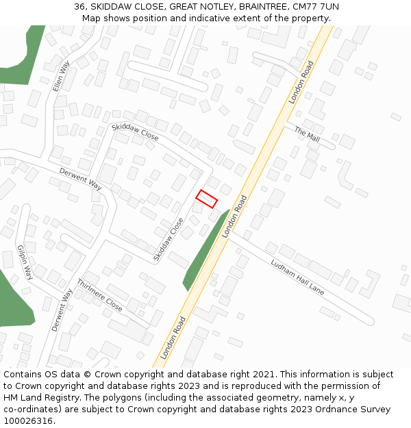 36, SKIDDAW CLOSE, GREAT NOTLEY, BRAINTREE, CM77 7UN: Location map and indicative extent of plot