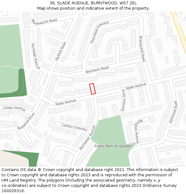 36, SLADE AVENUE, BURNTWOOD, WS7 2EL: Location map and indicative extent of plot