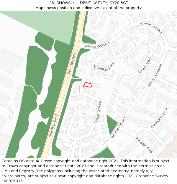 36, SNOWSHILL DRIVE, WITNEY, OX28 5GT: Location map and indicative extent of plot