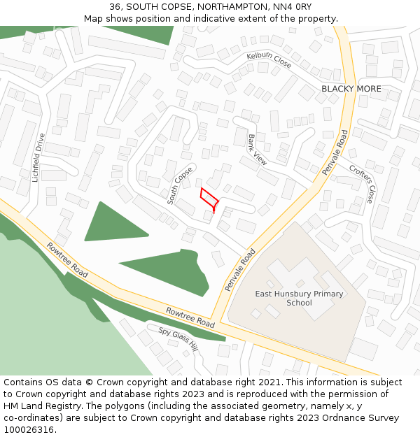 36, SOUTH COPSE, NORTHAMPTON, NN4 0RY: Location map and indicative extent of plot