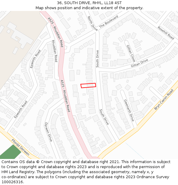 36, SOUTH DRIVE, RHYL, LL18 4ST: Location map and indicative extent of plot