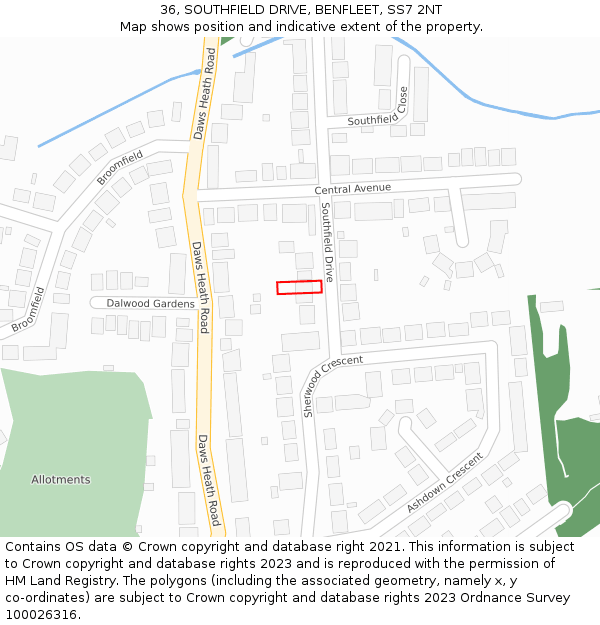 36, SOUTHFIELD DRIVE, BENFLEET, SS7 2NT: Location map and indicative extent of plot