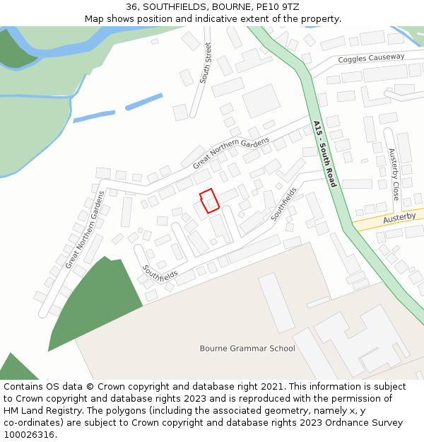 36, SOUTHFIELDS, BOURNE, PE10 9TZ: Location map and indicative extent of plot