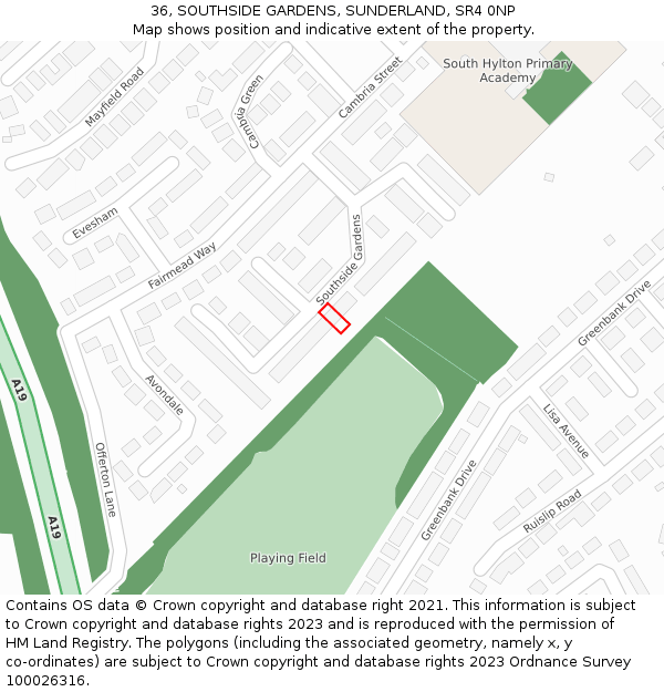 36, SOUTHSIDE GARDENS, SUNDERLAND, SR4 0NP: Location map and indicative extent of plot