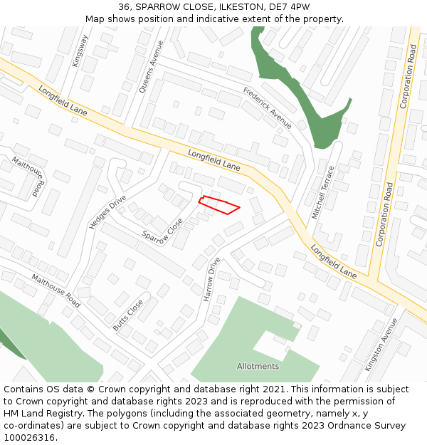 36, SPARROW CLOSE, ILKESTON, DE7 4PW: Location map and indicative extent of plot