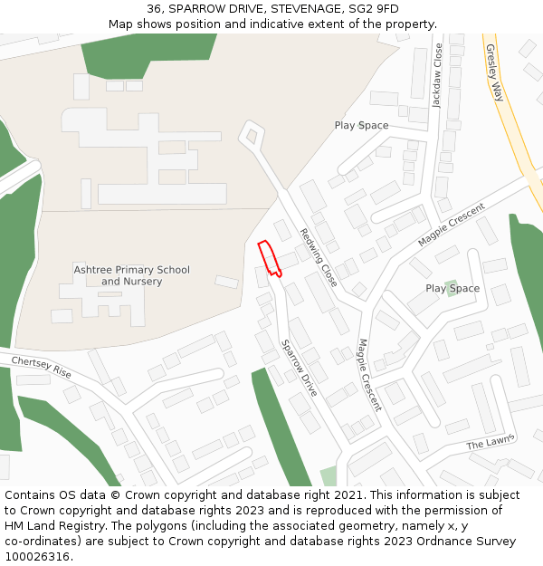 36, SPARROW DRIVE, STEVENAGE, SG2 9FD: Location map and indicative extent of plot