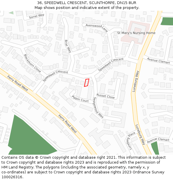 36, SPEEDWELL CRESCENT, SCUNTHORPE, DN15 8UR: Location map and indicative extent of plot