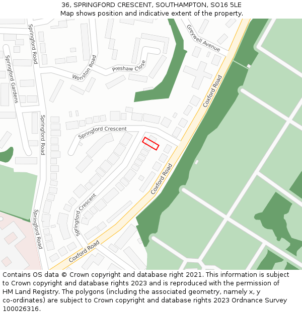 36, SPRINGFORD CRESCENT, SOUTHAMPTON, SO16 5LE: Location map and indicative extent of plot