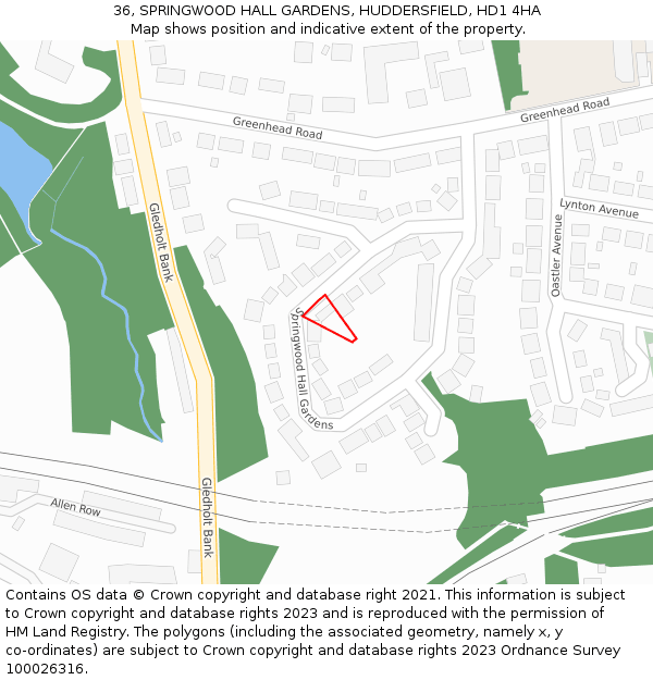 36, SPRINGWOOD HALL GARDENS, HUDDERSFIELD, HD1 4HA: Location map and indicative extent of plot