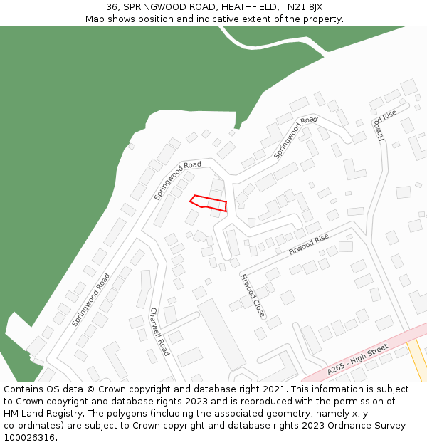 36, SPRINGWOOD ROAD, HEATHFIELD, TN21 8JX: Location map and indicative extent of plot