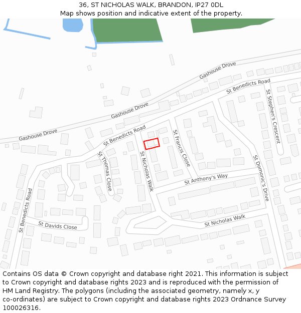36, ST NICHOLAS WALK, BRANDON, IP27 0DL: Location map and indicative extent of plot