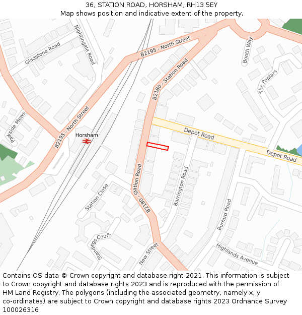 36, STATION ROAD, HORSHAM, RH13 5EY: Location map and indicative extent of plot