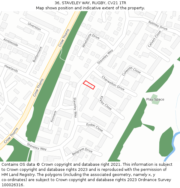 36, STAVELEY WAY, RUGBY, CV21 1TR: Location map and indicative extent of plot