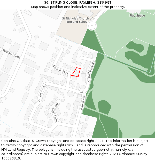 36, STIRLING CLOSE, RAYLEIGH, SS6 9GT: Location map and indicative extent of plot