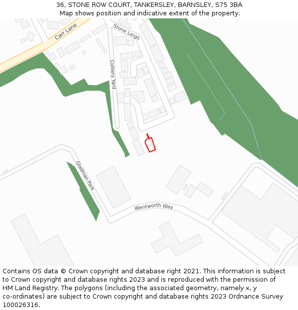 36, STONE ROW COURT, TANKERSLEY, BARNSLEY, S75 3BA: Location map and indicative extent of plot