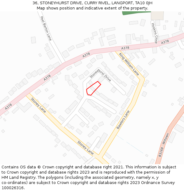 36, STONEYHURST DRIVE, CURRY RIVEL, LANGPORT, TA10 0JH: Location map and indicative extent of plot