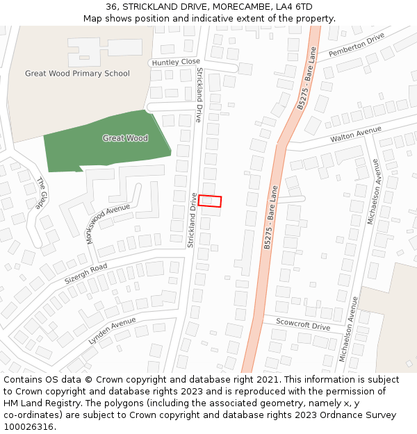 36, STRICKLAND DRIVE, MORECAMBE, LA4 6TD: Location map and indicative extent of plot