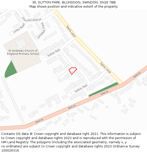 36, SUTTON PARK, BLUNSDON, SWINDON, SN26 7BB: Location map and indicative extent of plot