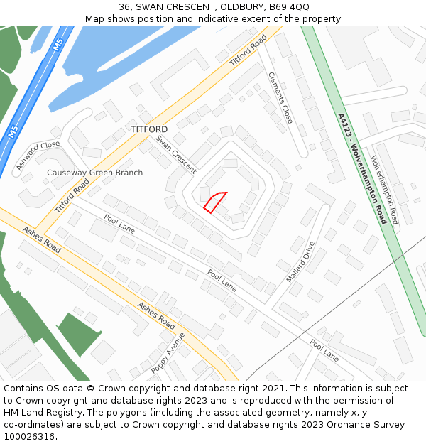 36, SWAN CRESCENT, OLDBURY, B69 4QQ: Location map and indicative extent of plot