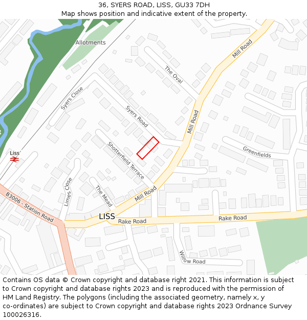 36, SYERS ROAD, LISS, GU33 7DH: Location map and indicative extent of plot