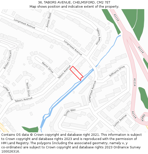 36, TABORS AVENUE, CHELMSFORD, CM2 7ET: Location map and indicative extent of plot