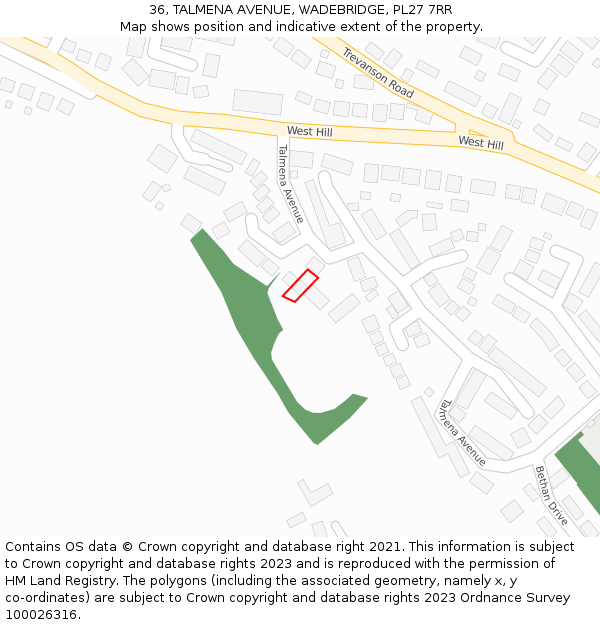 36, TALMENA AVENUE, WADEBRIDGE, PL27 7RR: Location map and indicative extent of plot