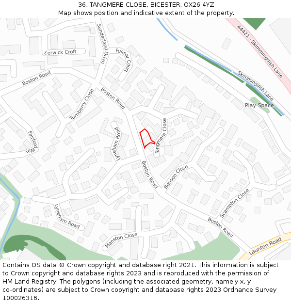 36, TANGMERE CLOSE, BICESTER, OX26 4YZ: Location map and indicative extent of plot