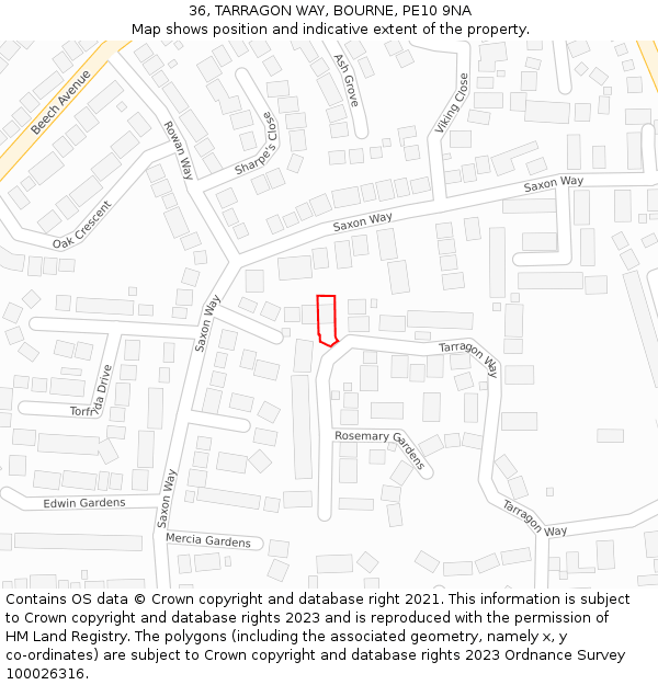 36, TARRAGON WAY, BOURNE, PE10 9NA: Location map and indicative extent of plot