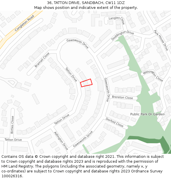 36, TATTON DRIVE, SANDBACH, CW11 1DZ: Location map and indicative extent of plot