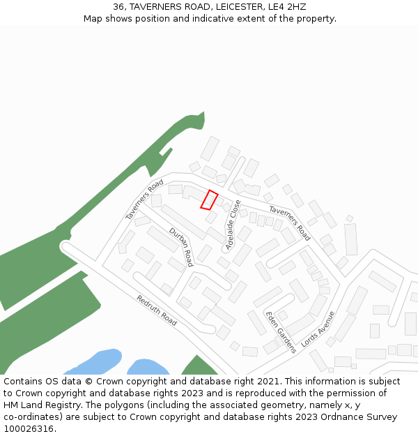 36, TAVERNERS ROAD, LEICESTER, LE4 2HZ: Location map and indicative extent of plot