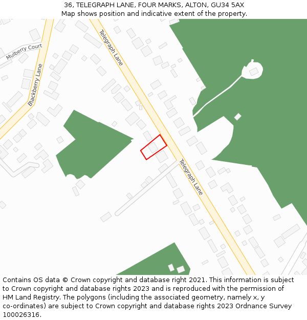 36, TELEGRAPH LANE, FOUR MARKS, ALTON, GU34 5AX: Location map and indicative extent of plot