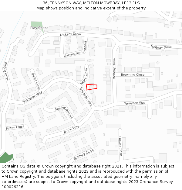 36, TENNYSON WAY, MELTON MOWBRAY, LE13 1LS: Location map and indicative extent of plot