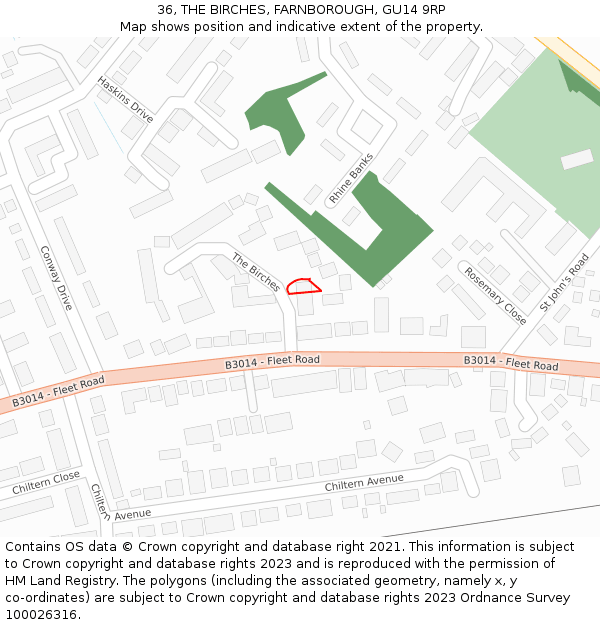 36, THE BIRCHES, FARNBOROUGH, GU14 9RP: Location map and indicative extent of plot