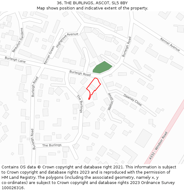 36, THE BURLINGS, ASCOT, SL5 8BY: Location map and indicative extent of plot