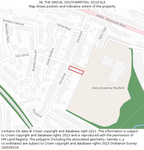 36, THE GROVE, SOUTHAMPTON, SO19 9LX: Location map and indicative extent of plot