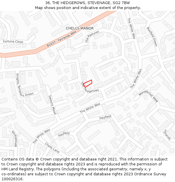 36, THE HEDGEROWS, STEVENAGE, SG2 7BW: Location map and indicative extent of plot