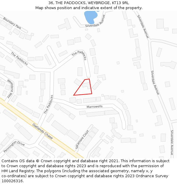 36, THE PADDOCKS, WEYBRIDGE, KT13 9RL: Location map and indicative extent of plot