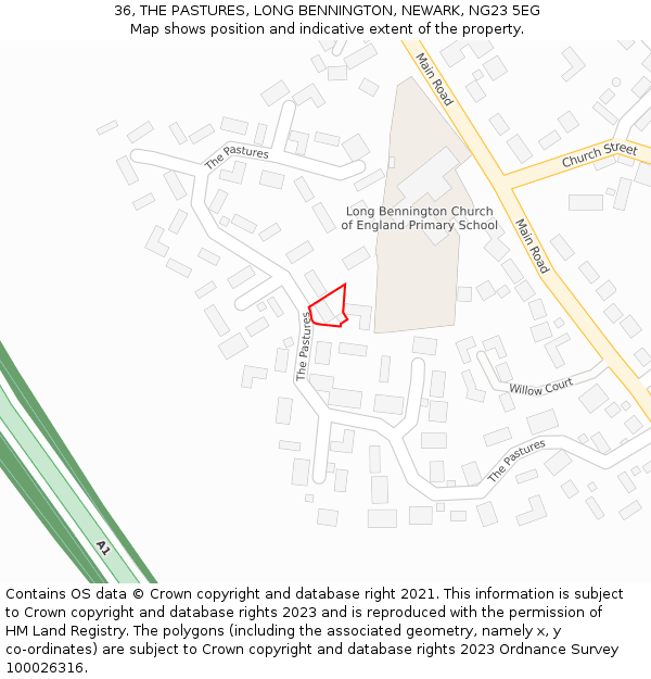 36, THE PASTURES, LONG BENNINGTON, NEWARK, NG23 5EG: Location map and indicative extent of plot