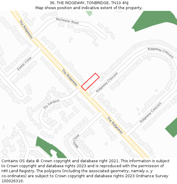 36, THE RIDGEWAY, TONBRIDGE, TN10 4NJ: Location map and indicative extent of plot