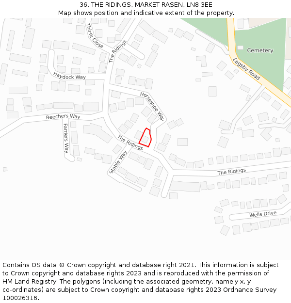 36, THE RIDINGS, MARKET RASEN, LN8 3EE: Location map and indicative extent of plot