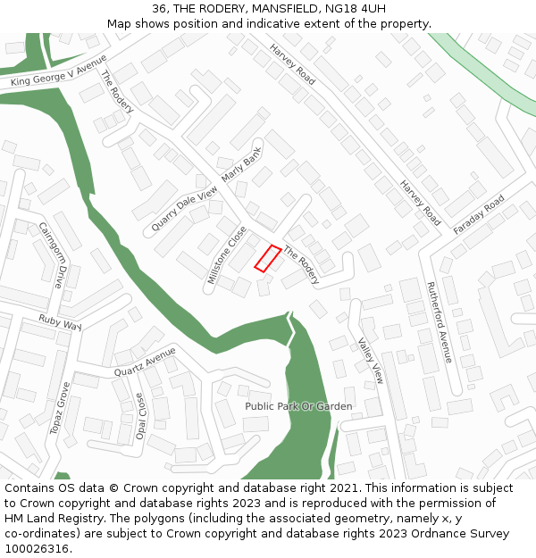 36, THE RODERY, MANSFIELD, NG18 4UH: Location map and indicative extent of plot