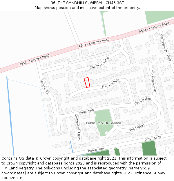 36, THE SANDHILLS, WIRRAL, CH46 3ST: Location map and indicative extent of plot