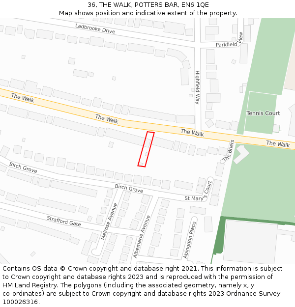 36, THE WALK, POTTERS BAR, EN6 1QE: Location map and indicative extent of plot